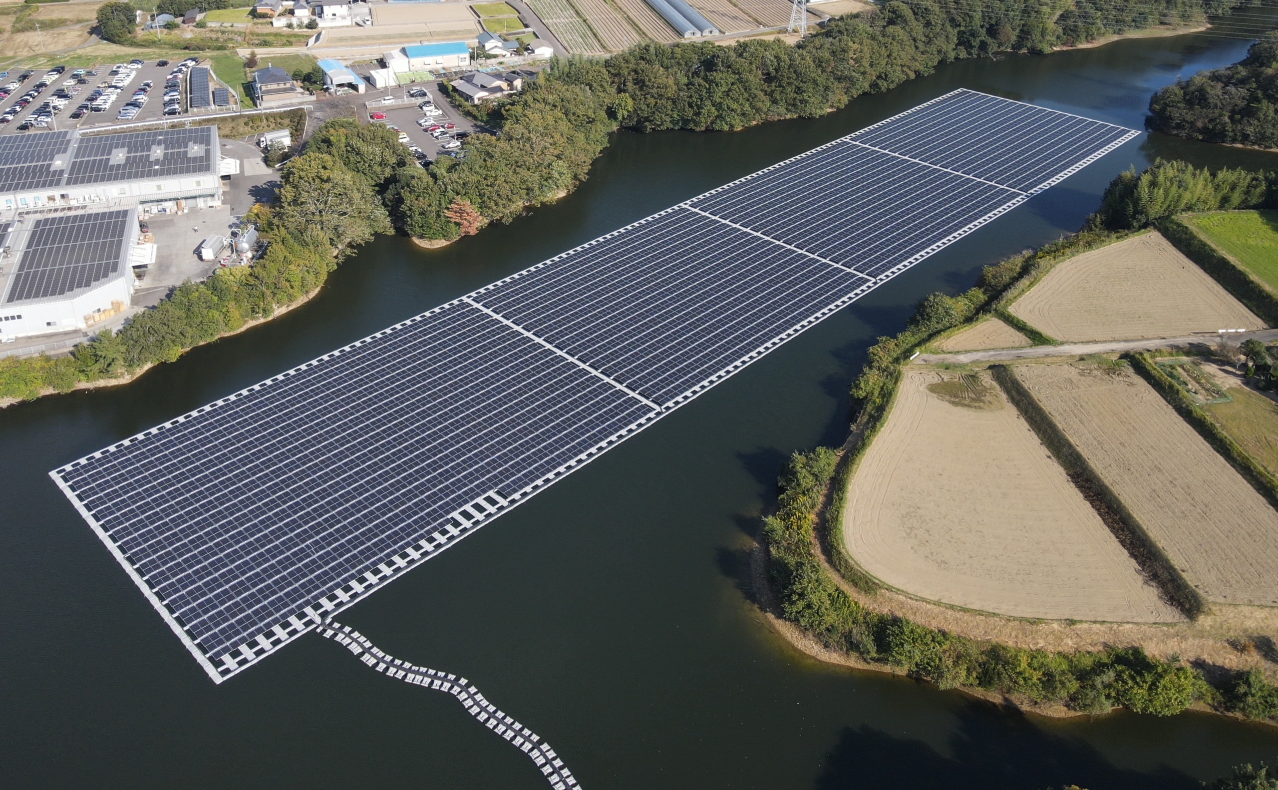 Ondani Ike floating solar power plant in Japan on an irrigation pond